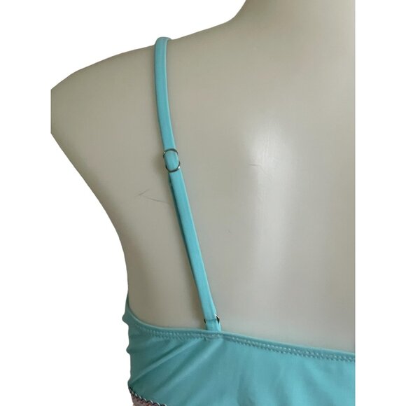NWOT.Sky Blue Striped Patchwork Spaghetti Strap High Waist Bikini Swimsuit Size - Picture 6 of 11